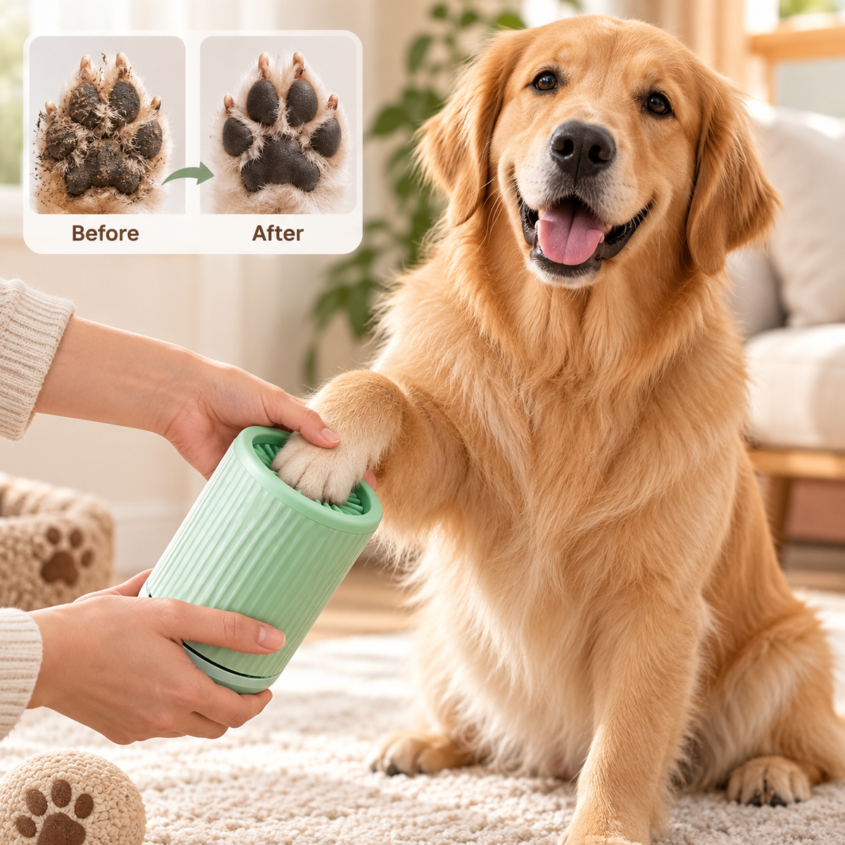 Dog paw being cleaned in a dog paw washer after a walk