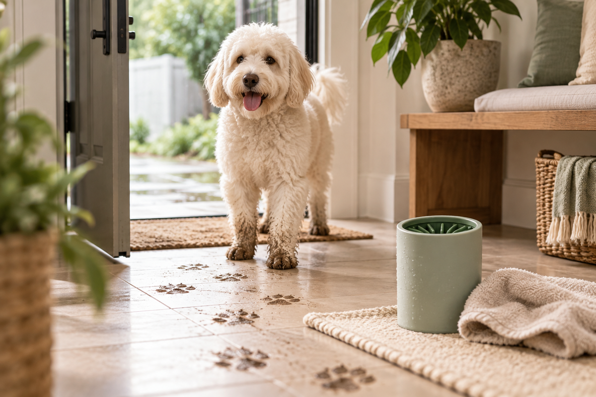 Dog with muddy paws and a paw cleaner after a walk